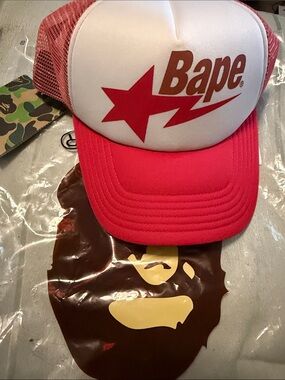 Bape Red & White Trucker Hat with Star Logo